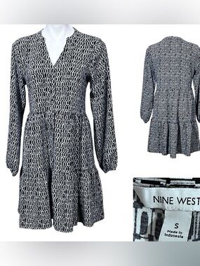 Nine West dress sz Sm Black/White monochrome Geometric Tiered Long-Sleeve